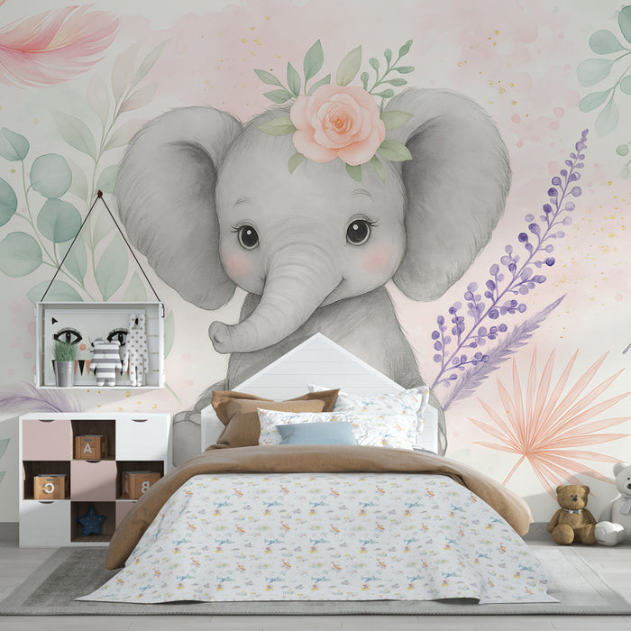 Papel de parede criança | Elefante bonito com flores