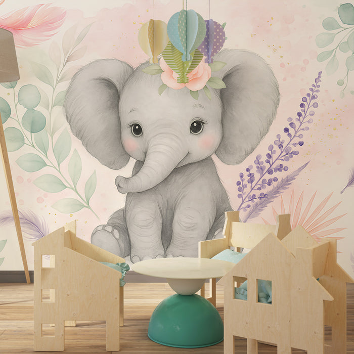 Papel de parede criança | Elefante bonito com flores