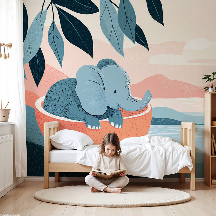 Χαρτί τοιχοποιίας παιδικού δωματίου | Χαριτωμένος ελέφαντας σε ήρεμο τοπίο