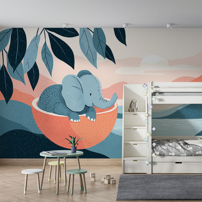 Χαρτί τοιχοποιίας παιδικού δωματίου | Χαριτωμένος ελέφαντας σε ήρεμο τοπίο