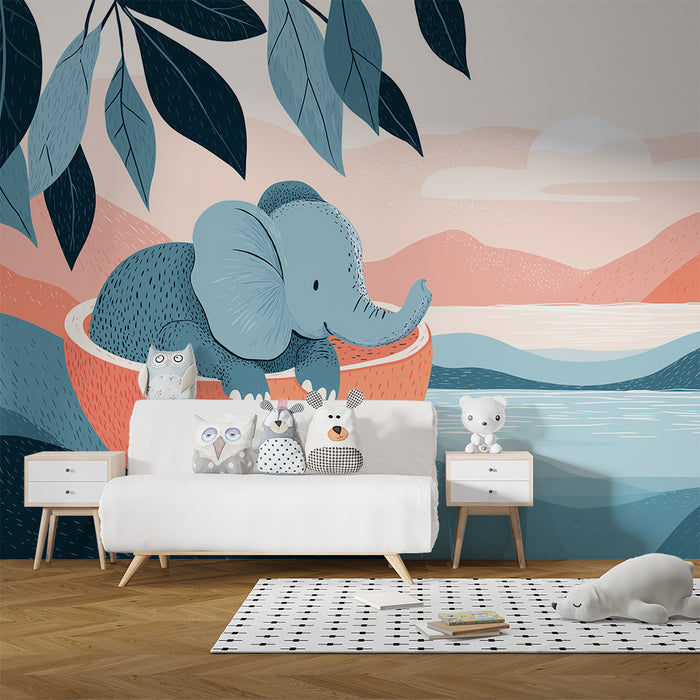 Χαρτί τοιχοποιίας παιδικού δωματίου | Χαριτωμένος ελέφαντας σε ήρεμο τοπίο
