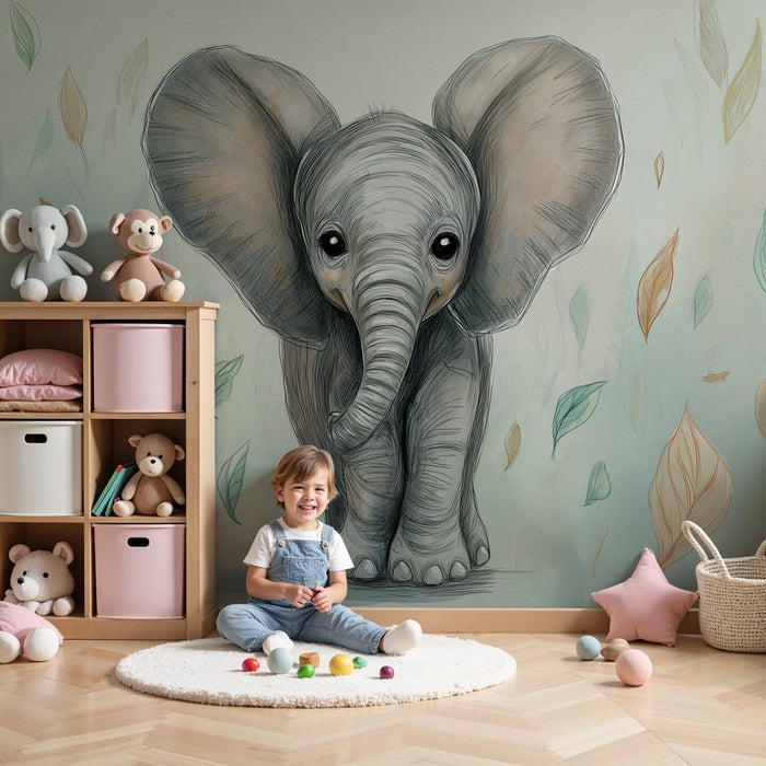 Kinderzimmer Tapete | Niedlicher Elefant im Blätterwald