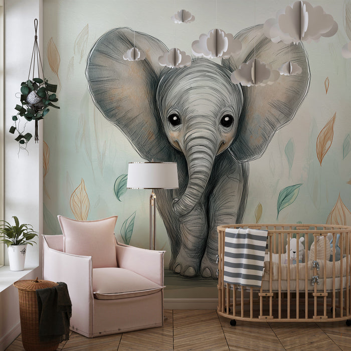Kinderzimmer Tapete | Niedlicher Elefant im Blätterwald