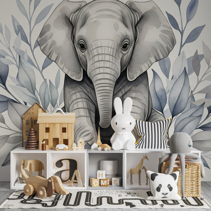Papier peint chambre enfant | Éléphant mignon entouré de feuillage