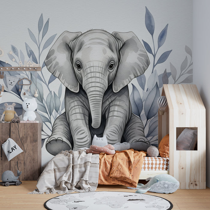 Papier peint chambre enfant | Éléphant mignon entouré de feuillage