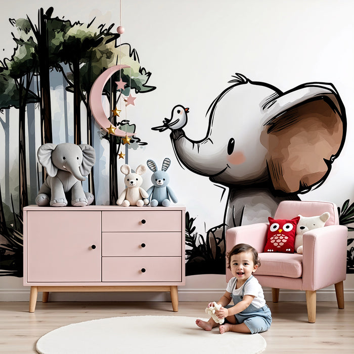Papier peint chambre enfant | Éléphant mignon et oiseau dans une forêt enchantée