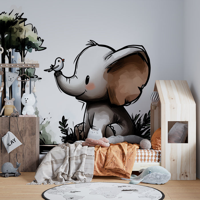 Papier peint chambre enfant | Éléphant mignon et oiseau dans une forêt enchantée