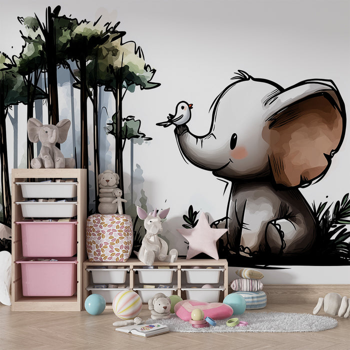 Papier peint chambre enfant | Éléphant mignon et oiseau dans une forêt enchantée