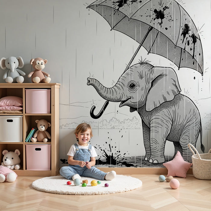 Barnrumstapet | Söt elefant under ett paraply i regnet