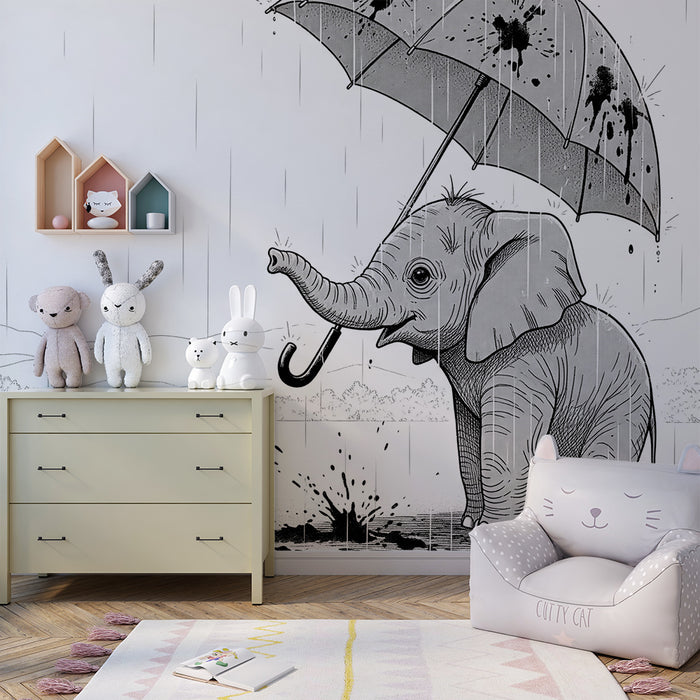 Barnrumstapet | Söt elefant under ett paraply i regnet
