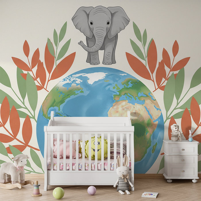 Kinderkamer behang | Schattige olifant op aarde omringd door kleurrijk gebladerte