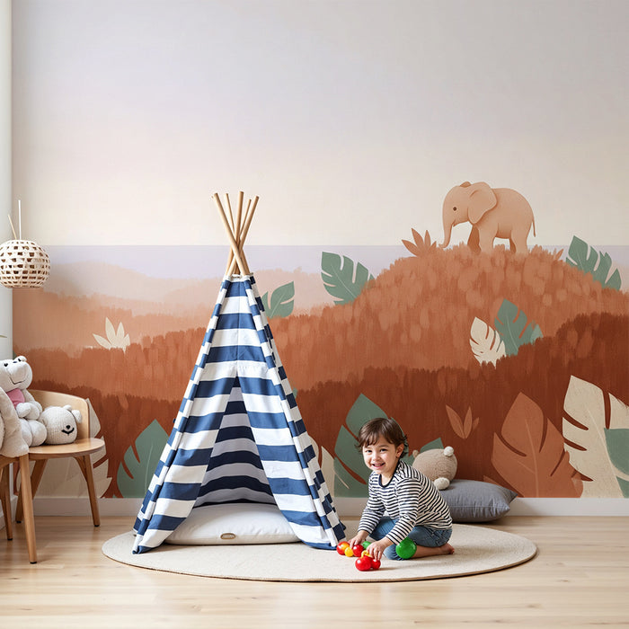 Kinderzimmer Tapete | Niedlicher Elefant auf einer bunten Laublandschaft