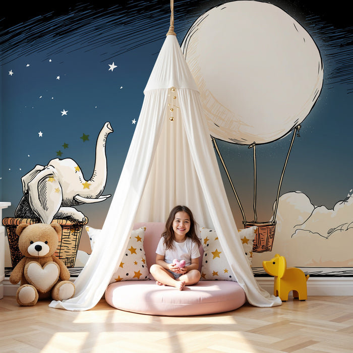 Papier peint chambre enfant | Eléphant rêveur et montgolfière