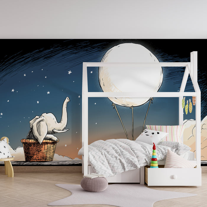 Papier peint chambre enfant | Eléphant rêveur et montgolfière