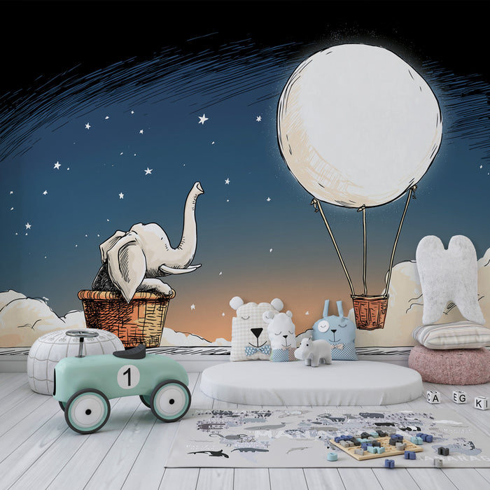 Papier peint chambre enfant | Eléphant rêveur et montgolfière