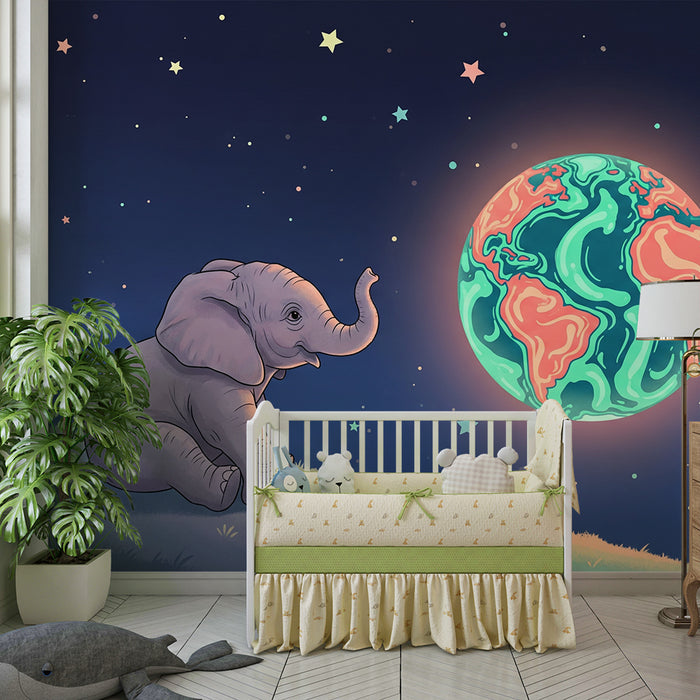 Børneværelse tapet | Drømmende elefant under stjerner og farverig planet
