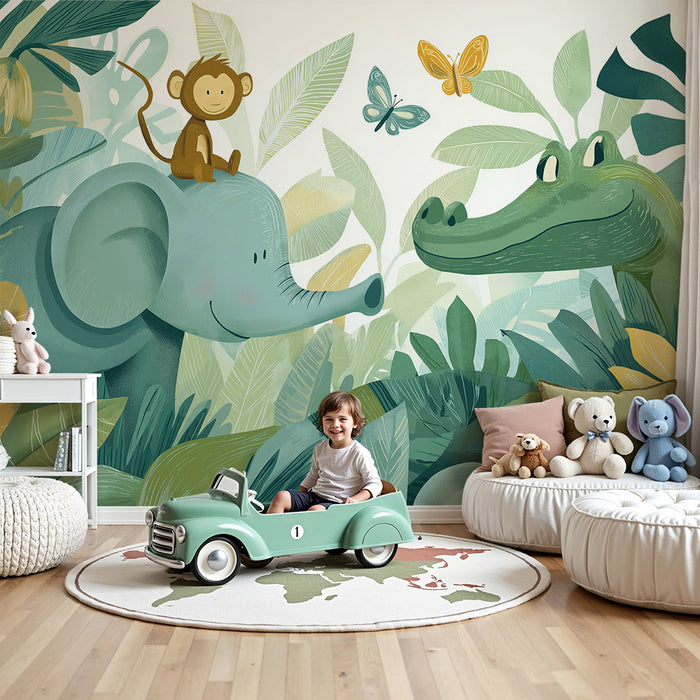 Kids room wallpaper | Elephant, monkey and crocodile in the jungle
