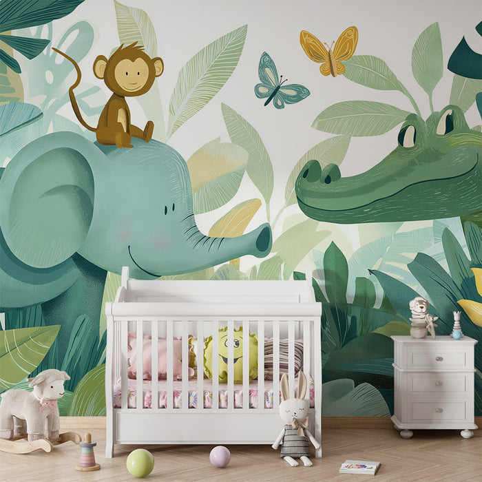 Kids room wallpaper | Elephant, monkey and crocodile in the jungle