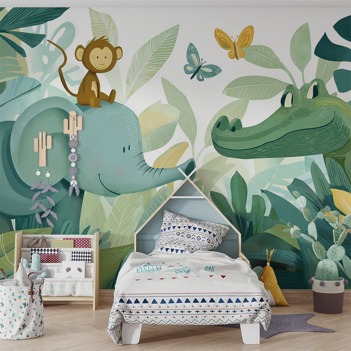 Kids room wallpaper | Elephant, monkey and crocodile in the jungle
