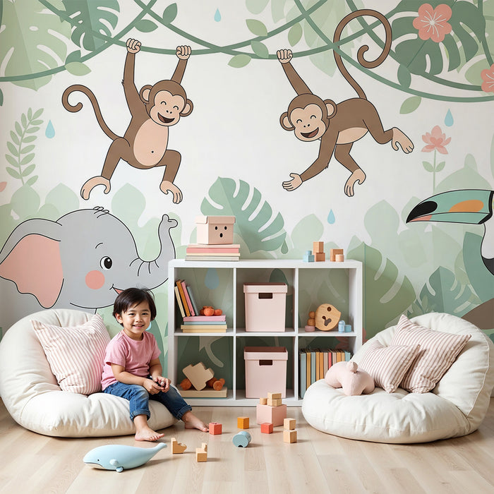 Børneværelse tapet | Elefanter aber og tukaner i en farverig jungle