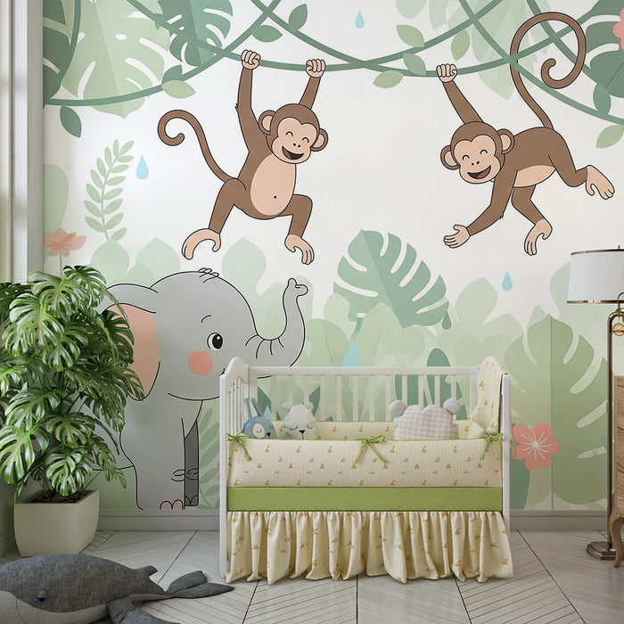 Børneværelse tapet | Elefanter aber og tukaner i en farverig jungle