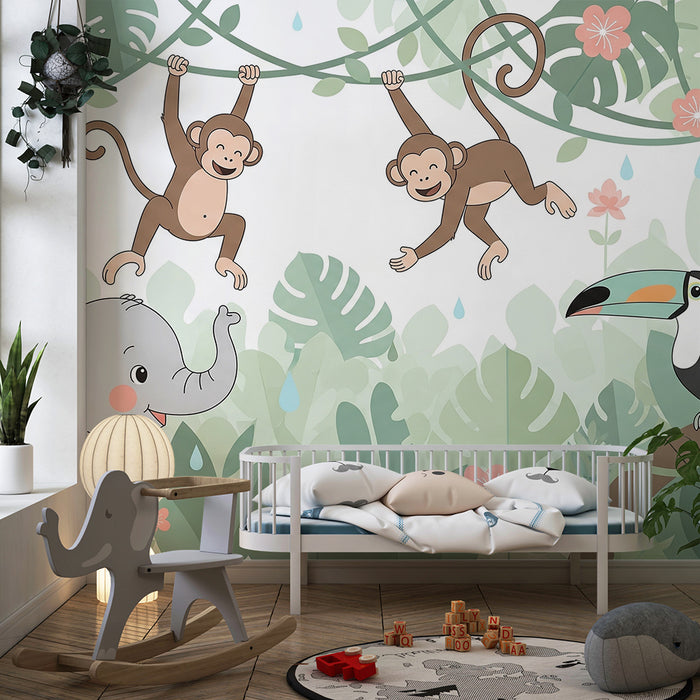 Børneværelse tapet | Elefanter aber og tukaner i en farverig jungle