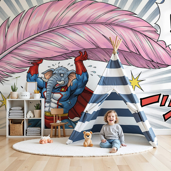 Behang kinderkamer | Superheld-olifant met gigantische veer