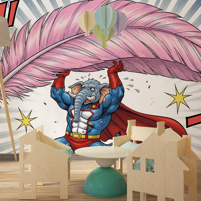 Behang kinderkamer | Superheld-olifant met gigantische veer