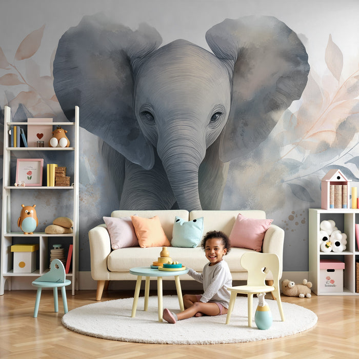 Kinderzimmer Tapete | Sanfter Elefant und weiche Vegetation