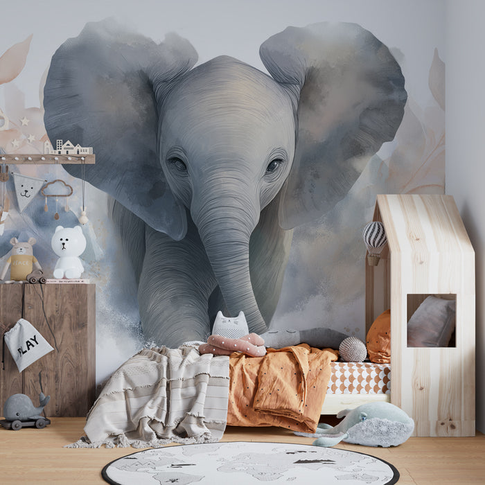Kinderzimmer Tapete | Sanfter Elefant und weiche Vegetation