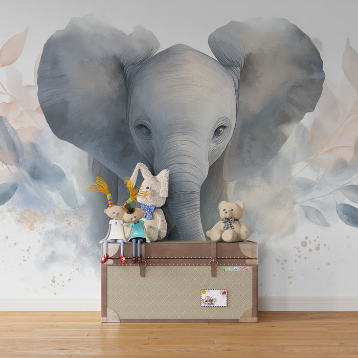 Kinderzimmer Tapete | Sanfter Elefant und weiche Vegetation