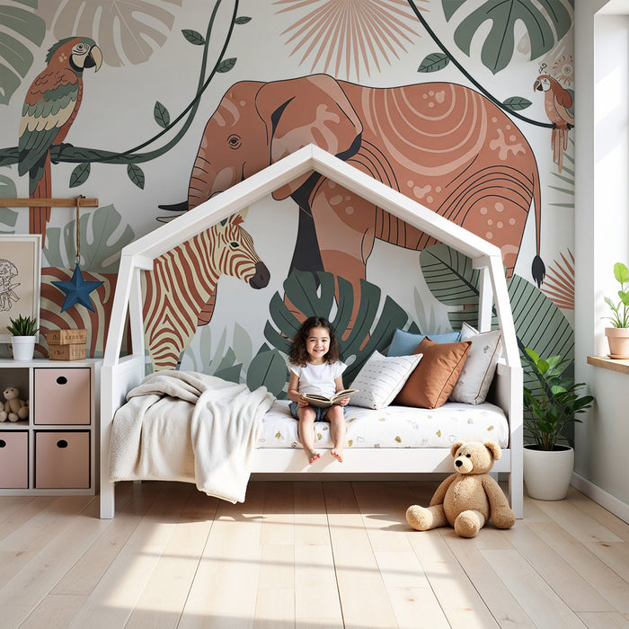 Tapet barnerom | Elefant, sebra og papegøyer i en fargerik jungel
