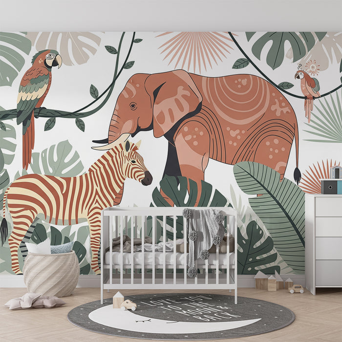 Tapet barnerom | Elefant, sebra og papegøyer i en fargerik jungel