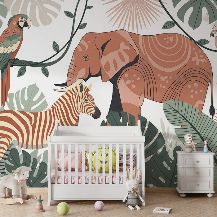 Tapet barnerom | Elefant, sebra og papegøyer i en fargerik jungel