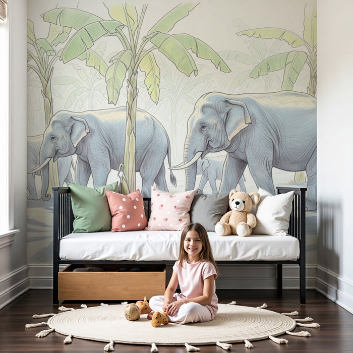 Papier peint chambre enfant | Éléphants dans la jungle