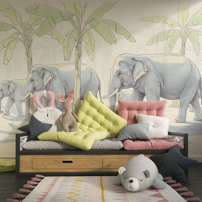 Papier peint chambre enfant | Éléphants dans la jungle