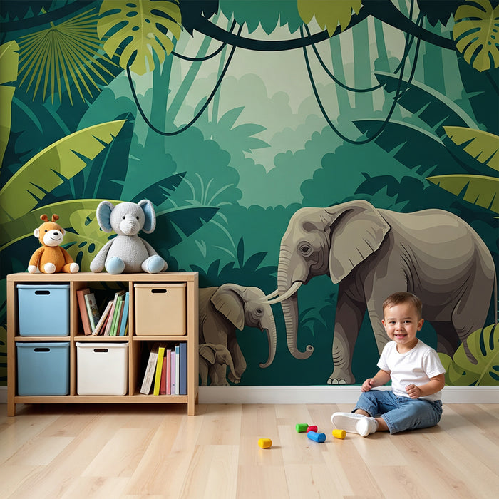 Papier peint chambre enfant | Éléphants dans la jungle avec feuillage luxuriant
