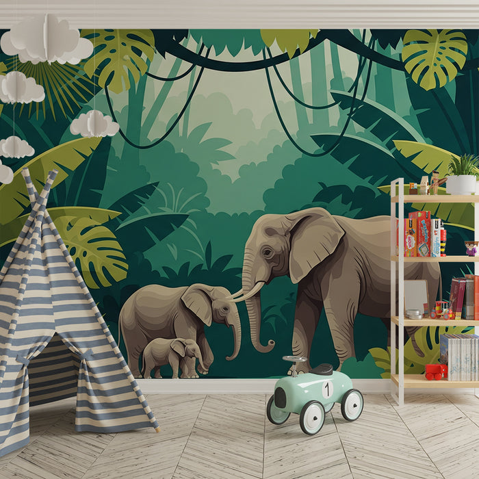 Papier peint chambre enfant | Éléphants dans la jungle avec feuillage luxuriant