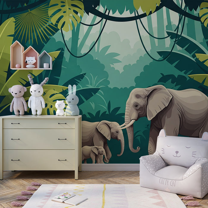 Papier peint chambre enfant | Éléphants dans la jungle avec feuillage luxuriant
