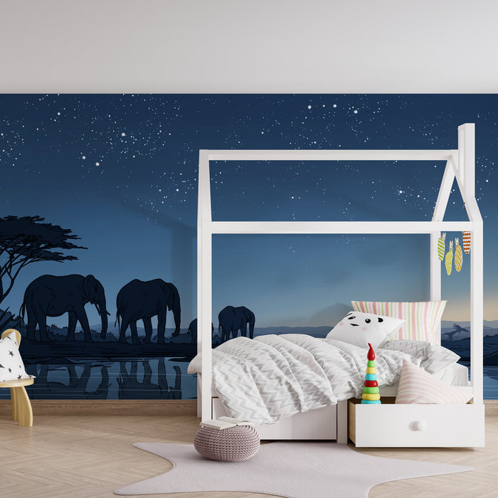 Papier peint chambre enfant | Éléphants dans la savane sous les étoiles