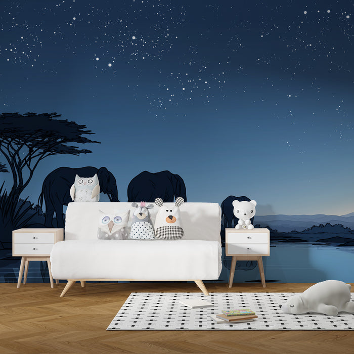 Papier peint chambre enfant | Éléphants dans la savane sous les étoiles
