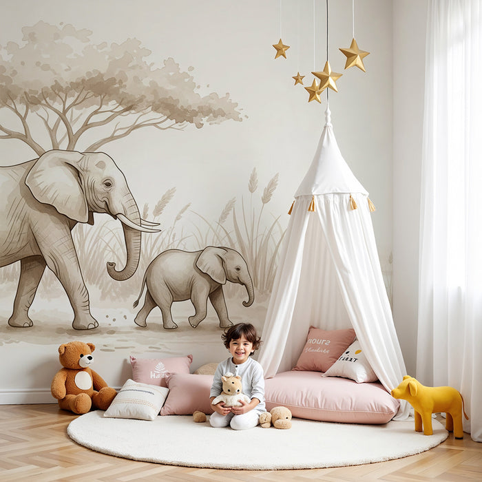 Kinderzimmer Tapete | Elefanti in roza flamingo ob vodi