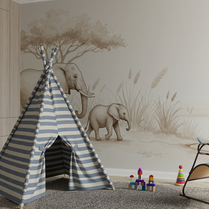 Kinderzimmer Tapete | Elefanti in roza flamingo ob vodi