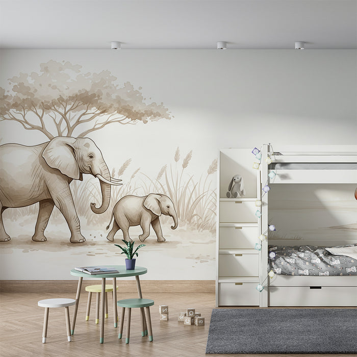 Kinderzimmer Tapete | Elefanti in roza flamingo ob vodi