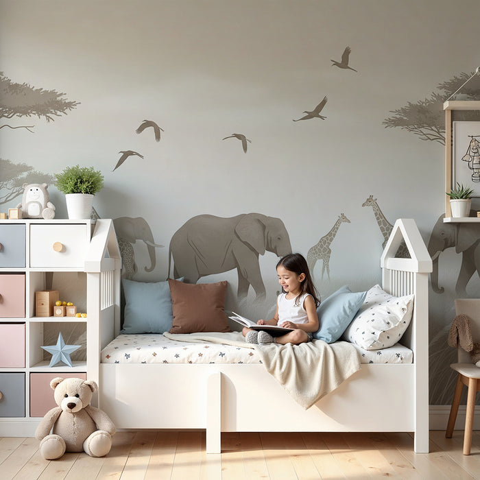 Tapet barnerom | Elefanter og giraffer på savannen