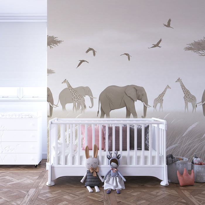 Tapet barnerom | Elefanter og giraffer på savannen