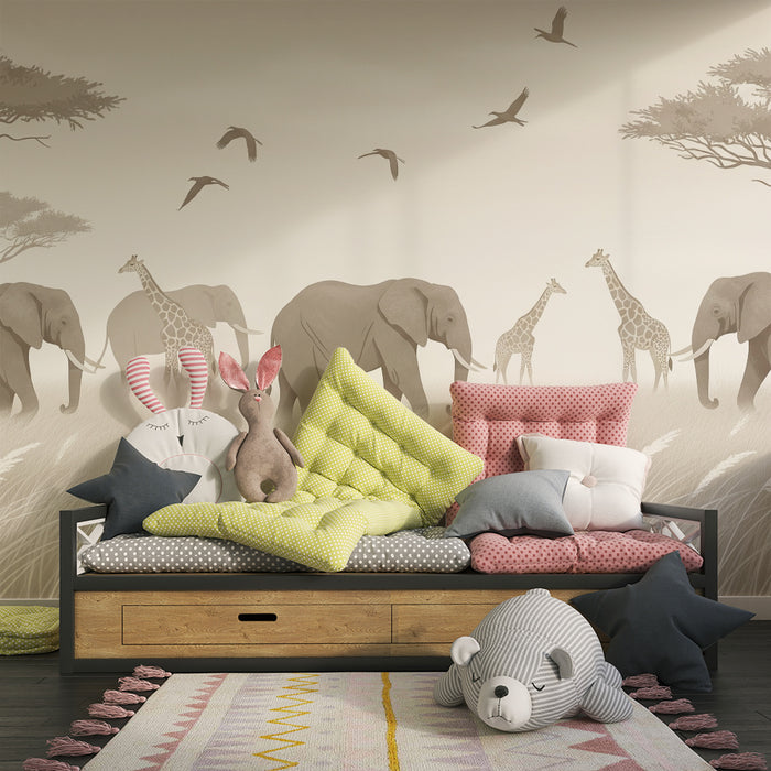 Tapet barnerom | Elefanter og giraffer på savannen
