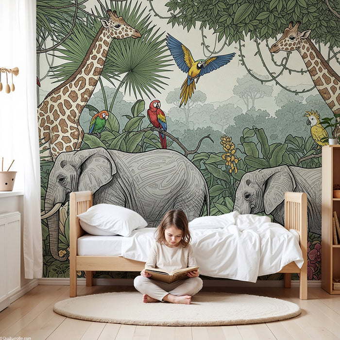 Kinderkamer behang | Olifanten en giraffen in een kleurrijke jungle