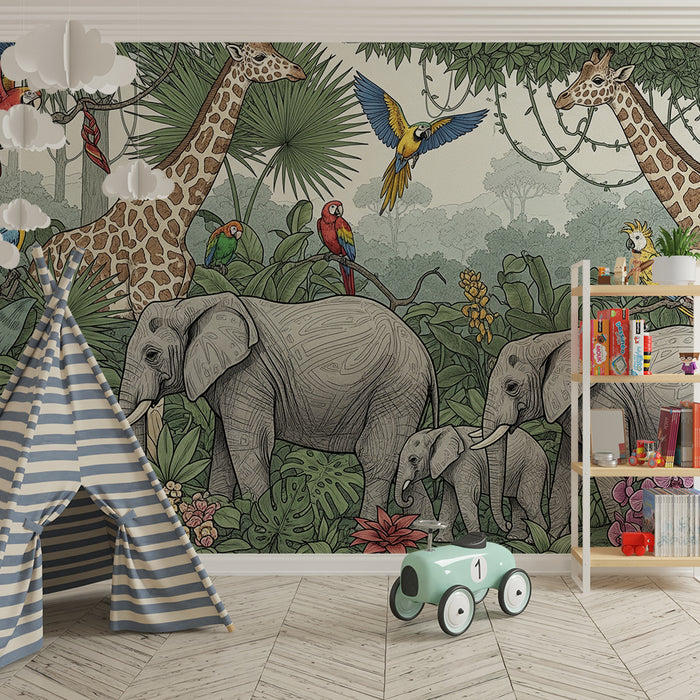 Kinderkamer behang | Olifanten en giraffen in een kleurrijke jungle