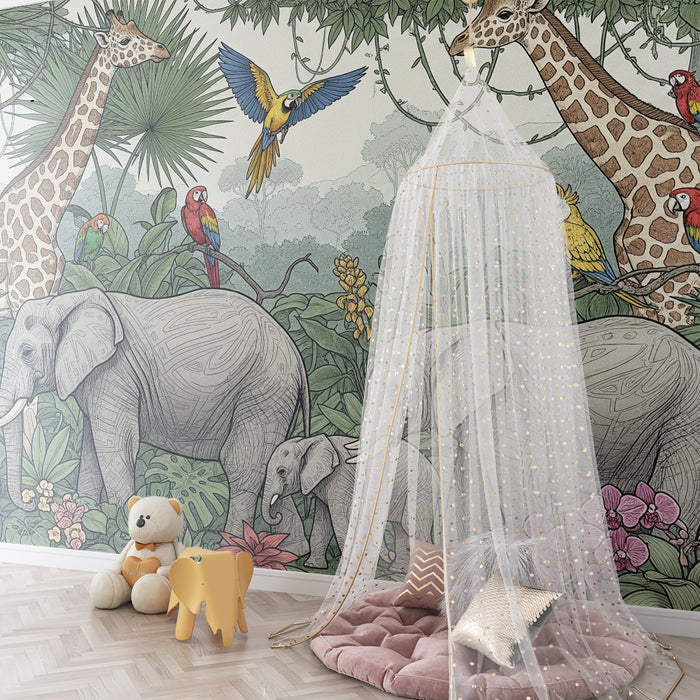 Kinderkamer behang | Olifanten en giraffen in een kleurrijke jungle